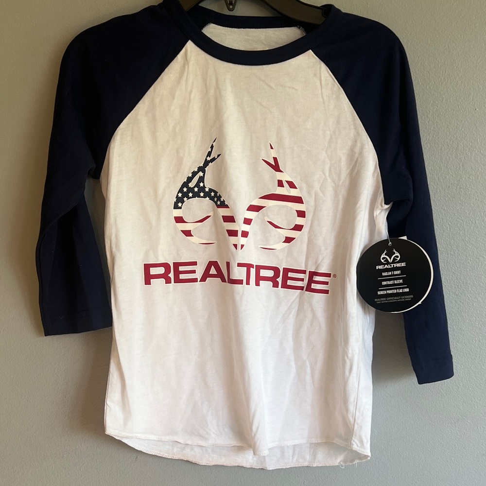 Realtree Navy and White Raglan Tee with Flag Logo